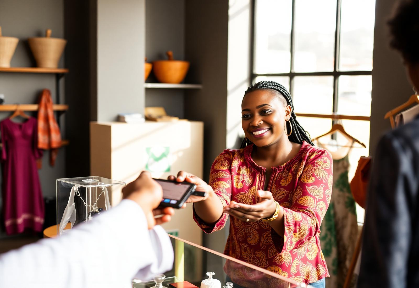 Empreendedora moçambicana a receber um pagamento com NetShop na sua loja